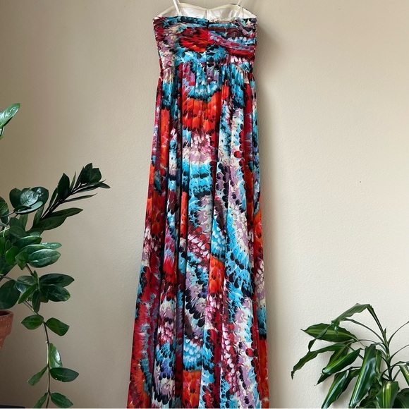 Aidan Mattox Hi Low Feather Print Strapless Chiffon Maxi Dress, size 4 - Picture 5 of 15
